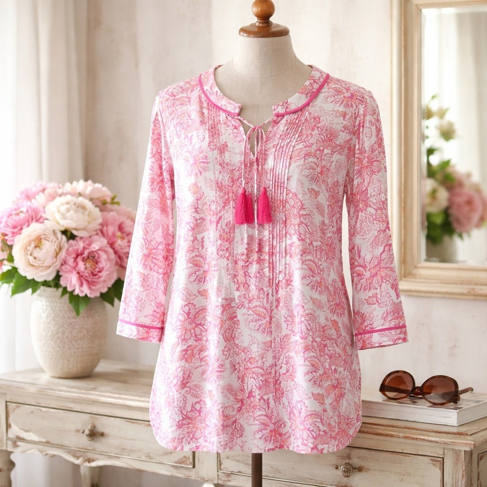 Belle Kim‎ Gravel XS Pintuck Tunic Top White Pink Orange Tassel V Neck Stretch